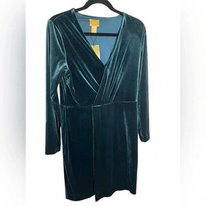 H & M Faux Wrap Stretch Velvet Dress Long Sleeve Bodycon Teal Blue Size 10